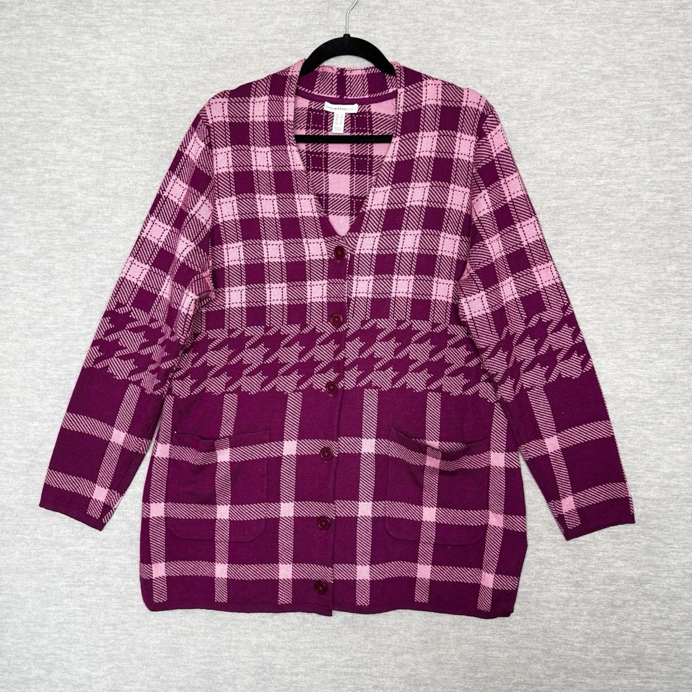 Isaac Mizrahi Live! Sweater Cardigan Womens Size Large L Pink Plaid Long A295811
